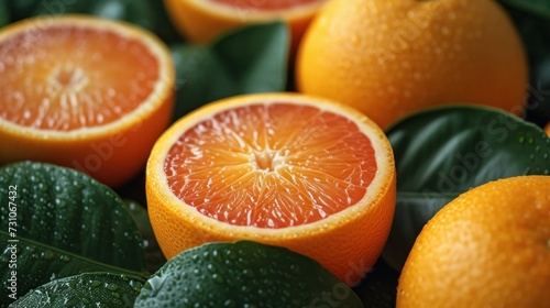 a group of oranges sitting next to each other on top of a pile of green leaves with drops of water on them.