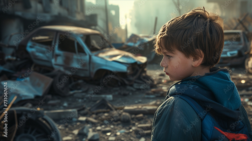 a small child, a boy, about 7 years old, in a devastated city, destroyed city only ruins and car wrecks, apocalypse or war or earthquake or climate change, natural disaster, fictional location