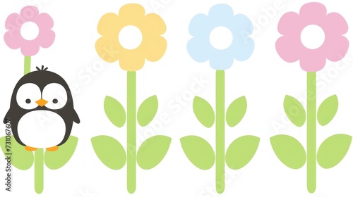 a penguin sitting on top of a flower in front of a row of flowers with a third penguin sitting on top of a flower in front of a row of flowers. photo