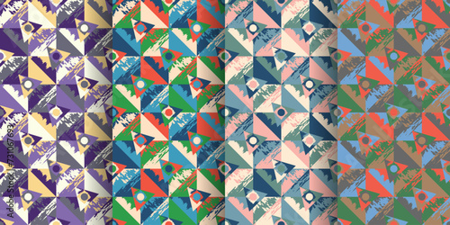 motley checkered Geometric figures  seamless pattern set, grunge scratches and attrition texture. Trendy  background, wallpaper, wrapping paper,  textile, print, layout