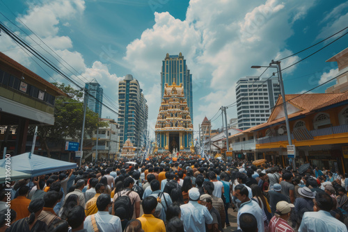 The grandeur and scale of the Thaipusam festival by capturing wide-angle shots of the procession and the surrounding crowds.