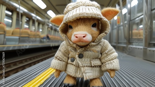 a teddy bear wearing a coat and hat on a conveyor belt at a train station with a train in the background. photo