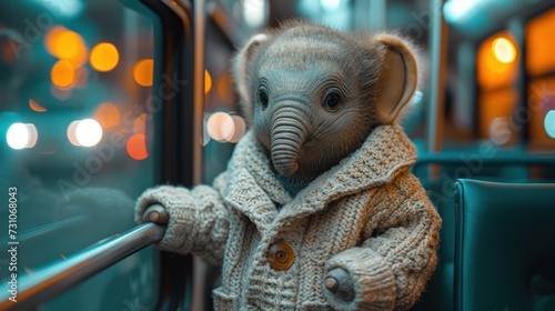 a stuffed elephant is wearing a coat and standing on a bus with it's trunk hanging out of the window.