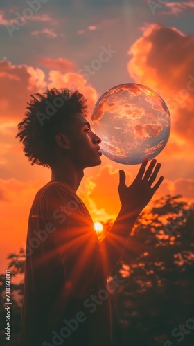 The image depicts a young man with dark skin standing inside a glass sphere against a sunset sky, gently touching it, evoking themes of connection, contemplation, and unity with nature.