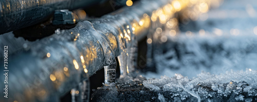 Close-up view of frozen water pipes with icicles forming, capturing the impact of the cold on the environment.