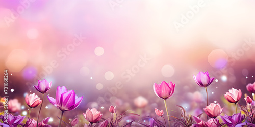 Purple flowers. Wildflower sunny meadow. Copy space. Spring nature banner background. AI generated