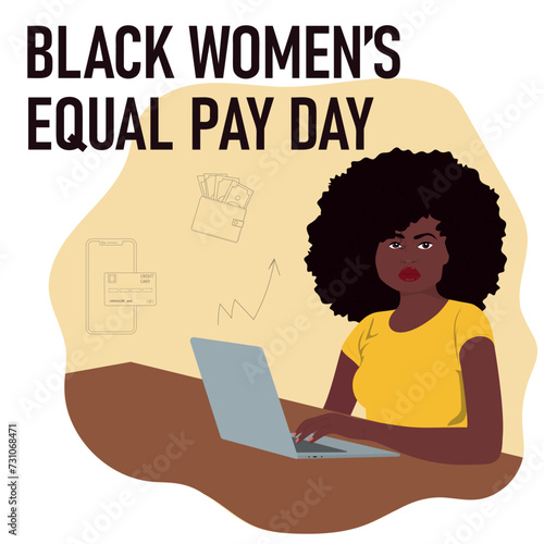 Black Women's Equal Pay Day. African american woman with laptop. Vector illustration 