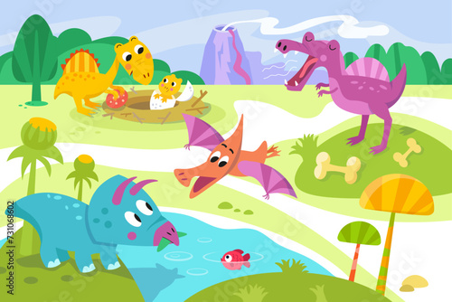 Cute flat simple dinosaurs in Jurassic Park. Vector colour illustration. Cartoon scene for design. Prehistoric forest.