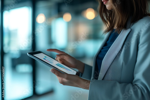 A professional woman examines sales data on a digital tablet in a modern office with a sleek, minimalist style and soft natural lighting. Free Download A professional woman examines sales data on a digital tablet in a modern office with a sleek, minimalist style and soft natural lighting. - GFXLoad