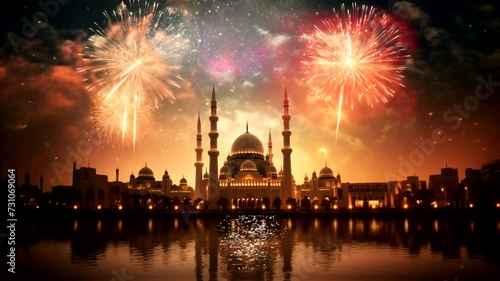 Mosque scene with stars in the background, animated virtual repeating seamless 4k	