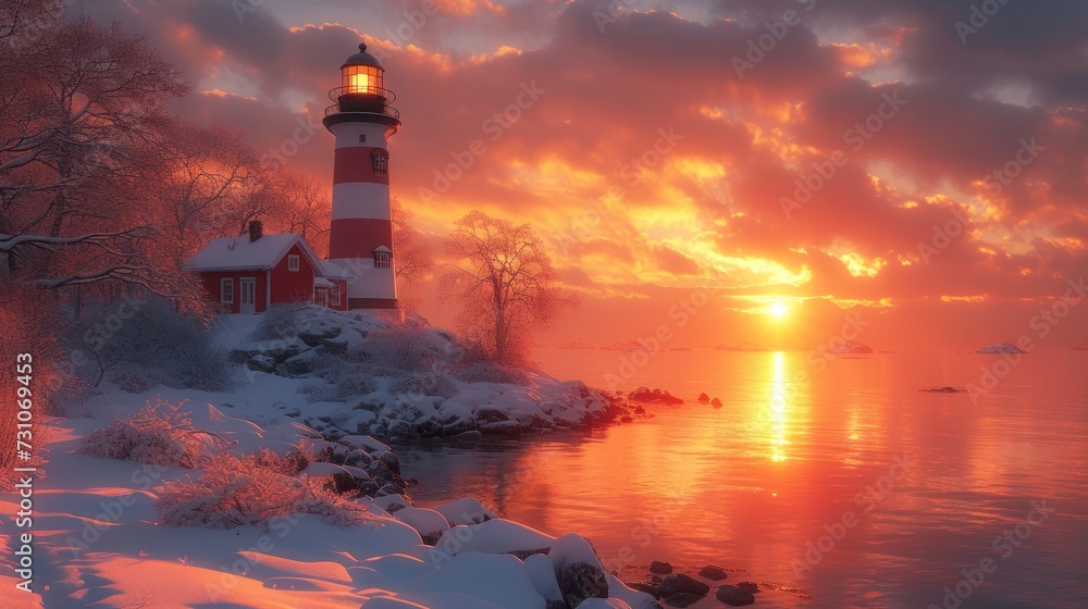 a red and white light house sitting on top of a snow covered hill next to a body of water under a cloudy sky.