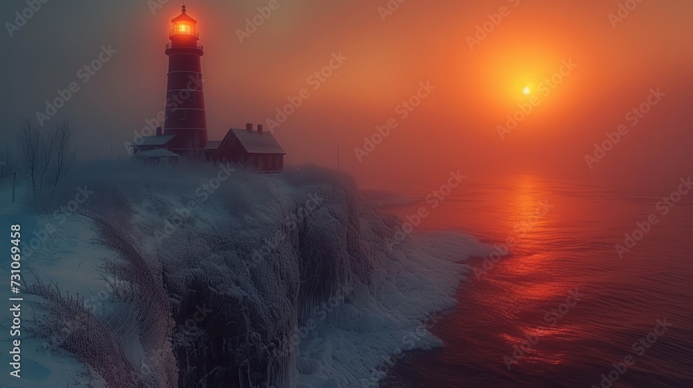 a light house sitting on top of a cliff next to a body of water with a sunset in the background.