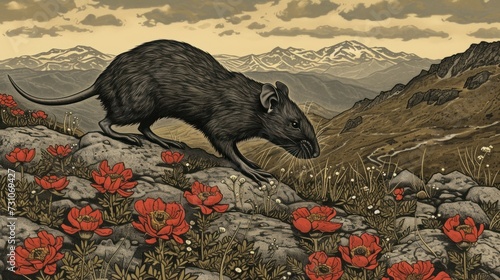 a painting of a rat on a rocky hillside with red flowers in the foreground and mountains in the background. photo
