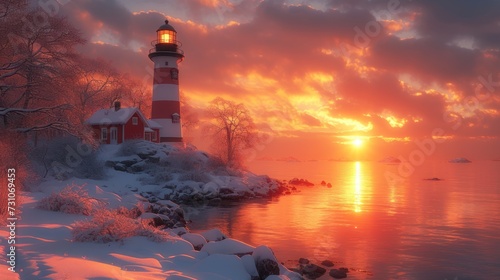 a red and white light house sitting on top of a snow covered hill next to a body of water under a cloudy sky.