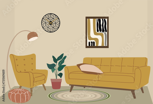 Living room with furniture and decor. Cozy apartment furnished with sofa, armchair, floor lamp. Mid century modern home interior design with house plant, picture, carpet. Flat vector illustration.