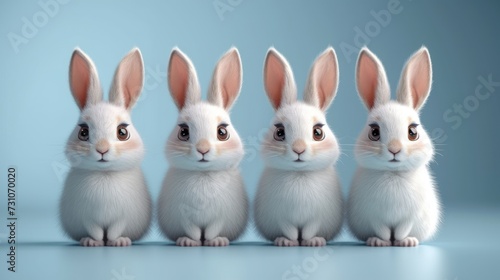 a group of three white rabbits sitting next to each other on a blue and gray background with a third rabbit in the middle of the row.