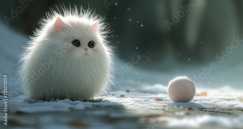 a white fluffy cat sitting next to a white ball of yarn on a snow covered ground in front of a dark background. photo