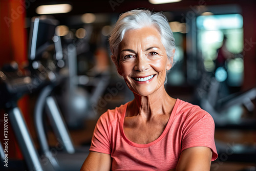 Older woman gracefully embraces her fitness routine at gym, radiating happiness with vibrant smile