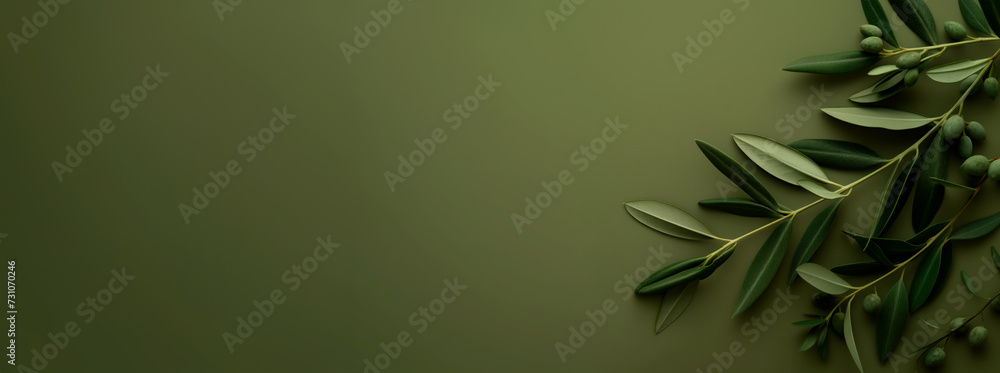 Fototapeta premium Olive branch with ripe olives, set against a green background with copy space.