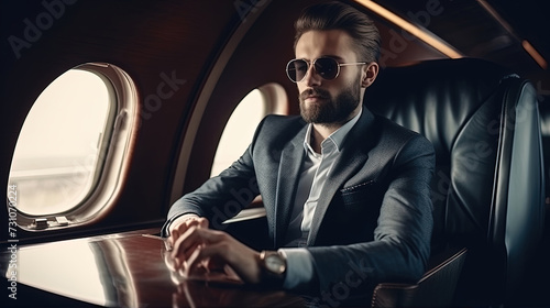 Stylish man in sunglasses and a refined suit exudes confidence as he relaxes in the luxurious cabin of an airplane. © sommersby