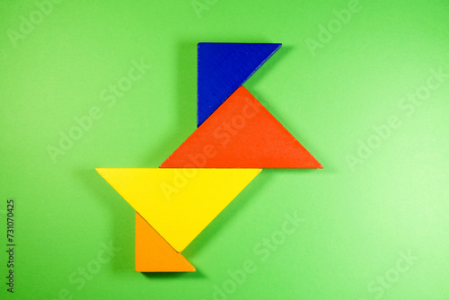 Tangram puzzle on green background using as education and creative concept