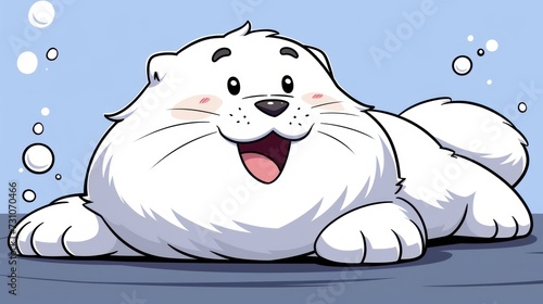 a white dog laying on the ground with bubbles of water on it's face and a smile on its face. photo