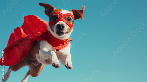 A cute young little dog or puppy, is a superhero with a red superhero cape and wearing a mask as a mask as a superhero costume, pet as a hero, flying or jumping, paw and cute baby dog face photo