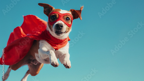 A cute young little dog or puppy, is a superhero with a red superhero cape and wearing a mask as a mask as a superhero costume, pet as a hero, flying or jumping, paw and cute baby dog face