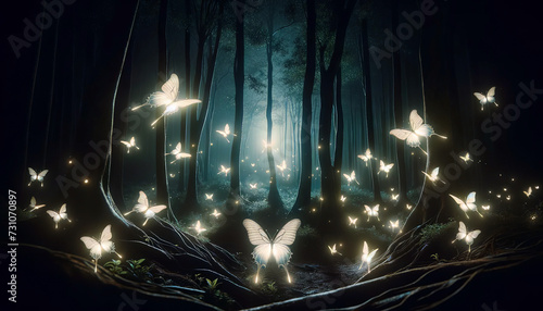  Enchanting scene of a mystical forest at night, illuminated by glowing butterflies flitting among trees, casting a soft light on the ethereal surroundings.Magic forest concept. AI generated.