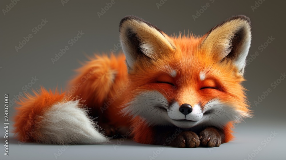 a close up of a fox laying down with its eyes closed and it's head resting on its paws.