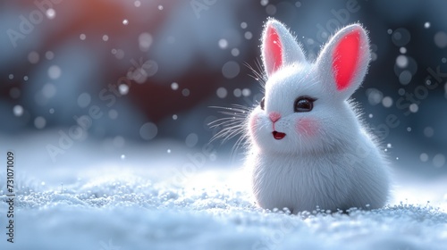 a white rabbit sitting in the snow with its eyes open and it's head turned to look like it's coming out of the snow.
