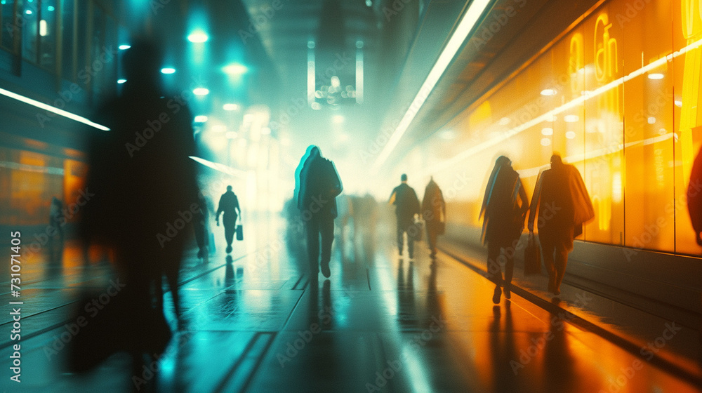 a typical cityscape, blurred, haste and haste, everyday life in the big city, people in a hurry, time pressure and deadlines, modern life in a negative, dark cityscape - obrazy, fototapety, plakaty 
