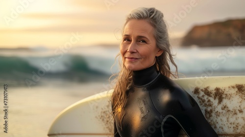 A mature female surfer, dressed in a wetsuit, stands on the beach while holding a surfboard, epitomizing the spirit of adventure and the love for surfing. © vadymstock
