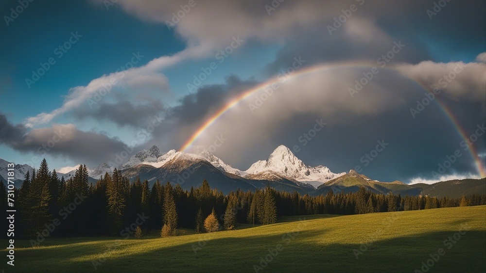 rainbow over the mountains A landscape nature mountan in Alps with rainbow. The mountain is high and majestic,  