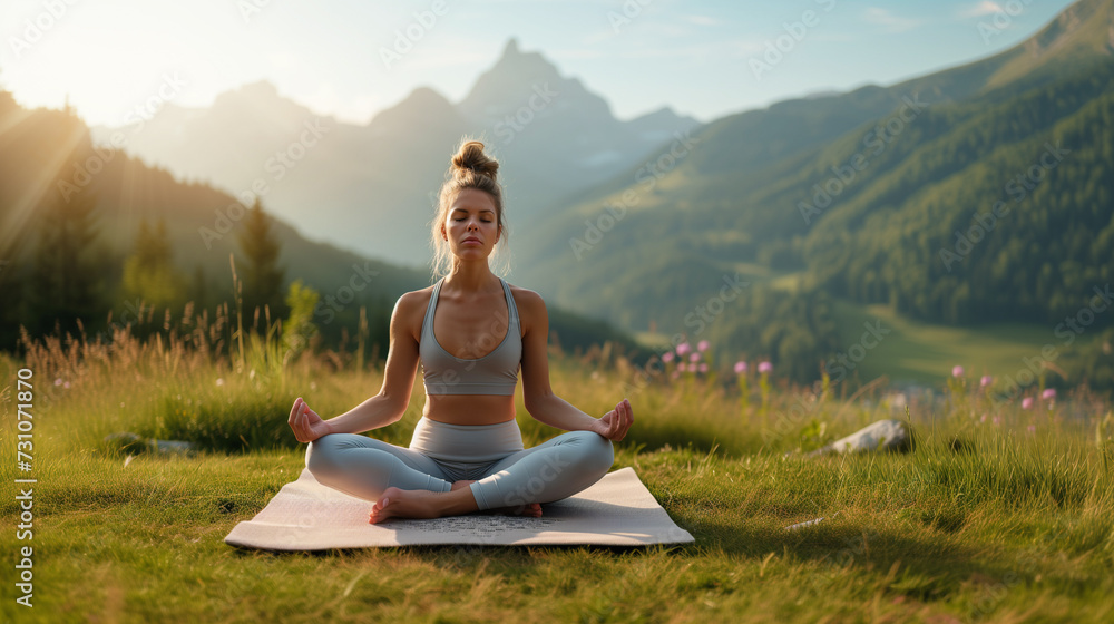 Fit woman sitting in lotus yoga position in the mountains during morning. Tranquil scene on grass. Fit woman sitting in lotus yoga position in the mountains during morning. Tranquil scene on grass.