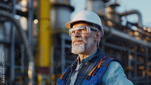 A mature adult man, Caucasian, gray hair, is on an oil platform or gas or hydrogen refinery, energy industry and extraction of raw materials