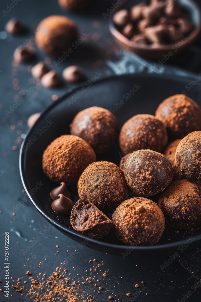 Chokladbollar lie on a dark plate, minimalism, dark plain background, traditional Swedish dessert, chocolate truffle Chokladbollar lie on a dark plate, minimalism, dark plain background, traditional Swedish dessert, chocolate truffle