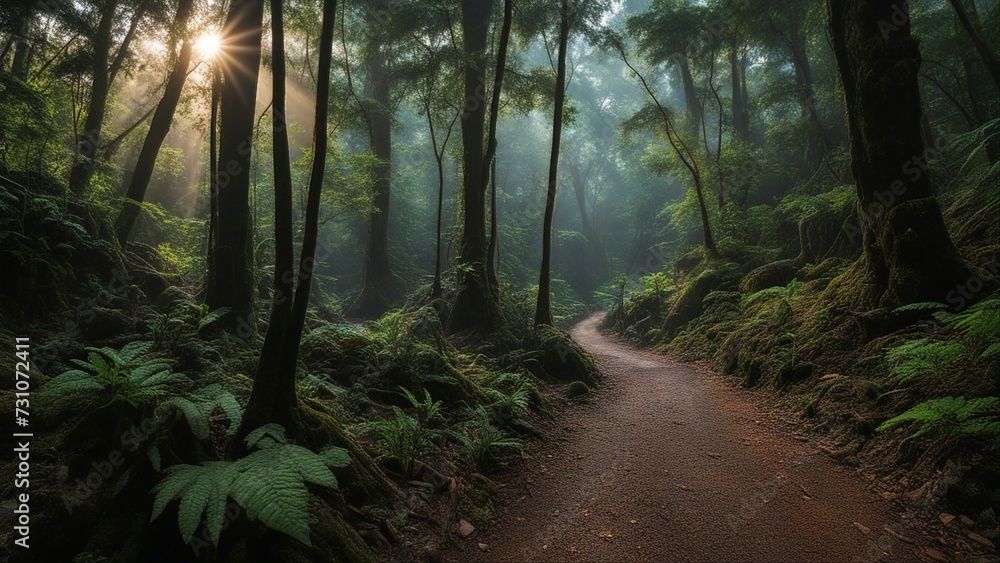 Obraz premium morning in the woods dark path through the forest with sun shining through the trees 