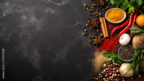 Variety of spices and herbs on black stone background.