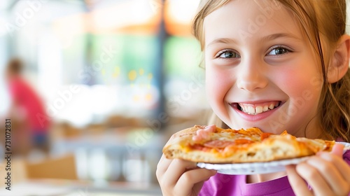 Joyful preteen enjoying pizza in restaurant with blurred background and copy space