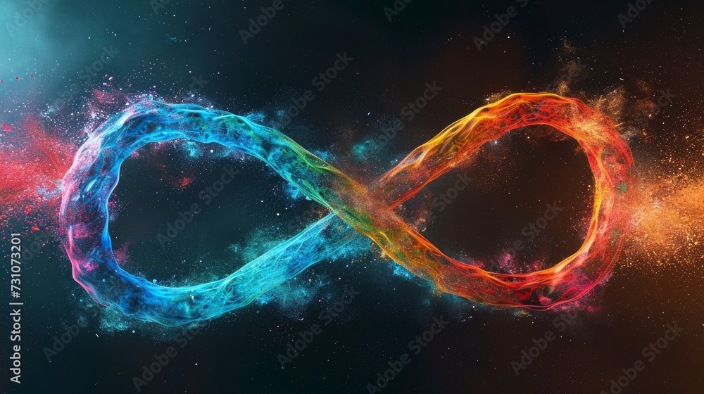 A digitally generated image depicts a multicolored infinity sign, symbolizing concepts like cloud technology, IT, big data, or artificial intelligence. - obrazy, fototapety, plakaty 