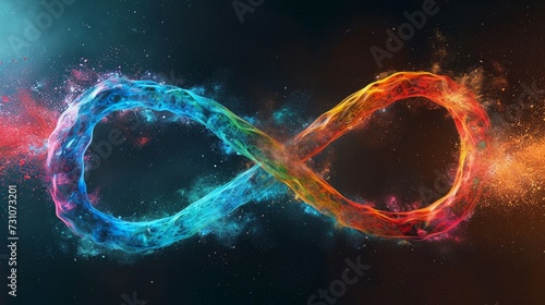 A digitally generated image depicts a multicolored infinity sign, symbolizing concepts like cloud technology, IT, big data, or artificial intelligence. photo