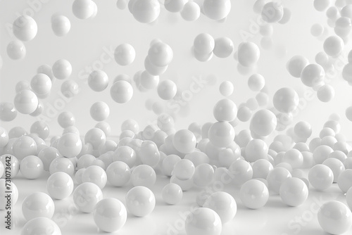 billes blanches ou ballons blancs façon perles de nacre ou de plastique qui rebondissent et roulent dans tous les sens. Fond clair uni
