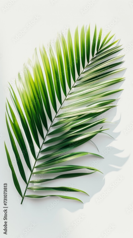 Obraz premium A palm leaf laid flat on a white background, symbolizing the essence of summer. Top view perspective.