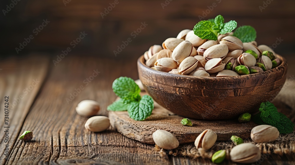 Nutritious pistachio nuts in bowl on wooden table healthy snack option for a balanced diet Nutritious pistachio nuts in bowl on wooden table healthy snack option for a balanced diet