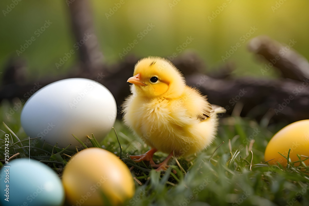Cute little chick with eggs on grass, generative AI Cute little chick with eggs on grass, generative AI