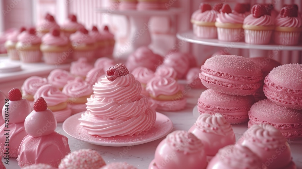 a table topped with lots of pink cupcakes next to cupcakes with frosting on top of them.