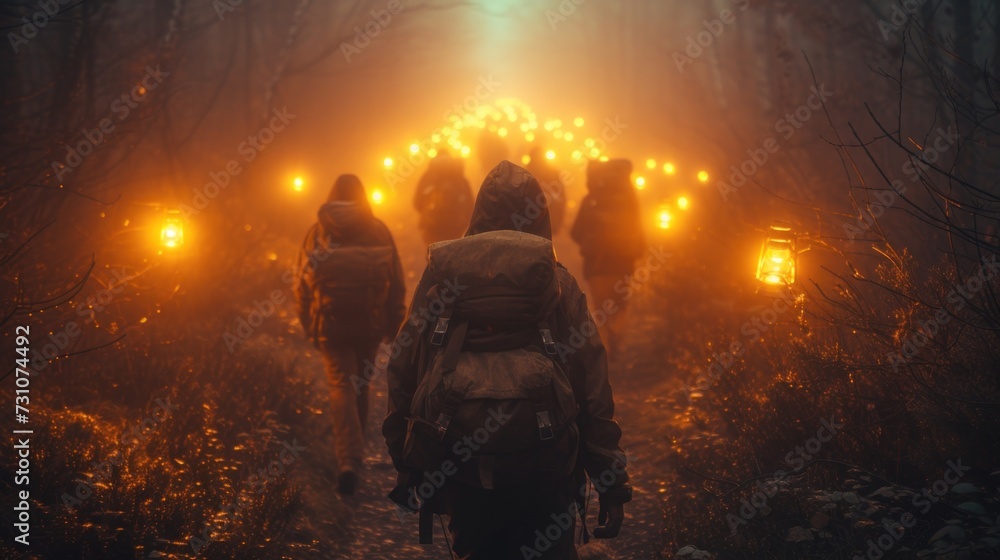 a group of people walking through a foggy forest at night with lights on their backs and backpacks on their backs.