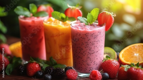 three glasses of smoothie with strawberries, oranges, raspberries, and strawberries on a table.