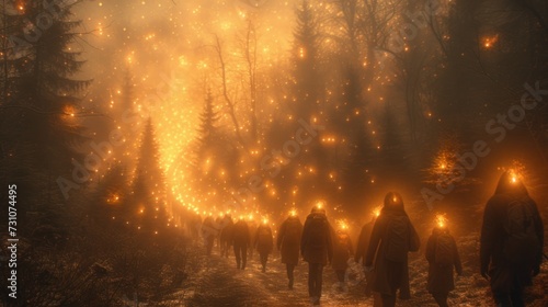 a group of people walking through a forest filled with trees covered in fireflies and glowing firecrackers.